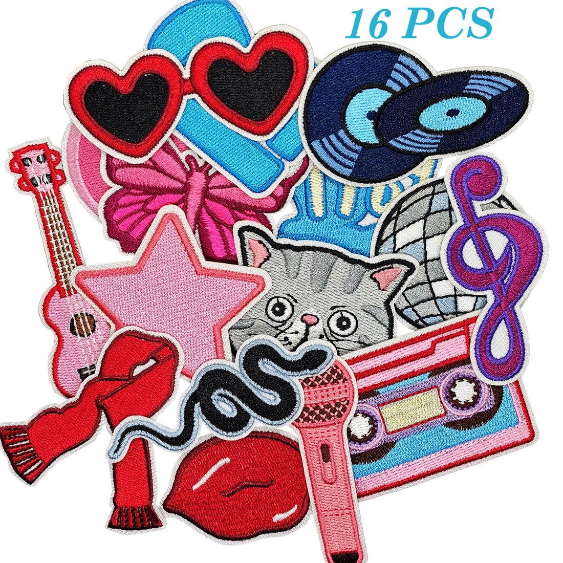 16Pcs Music Icon Iron on Embroidered Patches Red Scarf Sew on Applique for Clothes, Iron-on Patches / Sew-on Appliques Patches for Clothing, Jackets, Backpacks, Caps, Jeans