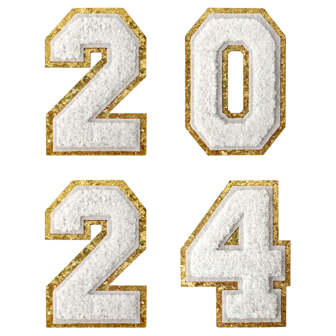White 2024 Chenille Number, 3.14 inch Iron on Number Patches, Chenille Stitch Numbers 2024 Patches for Clothing
