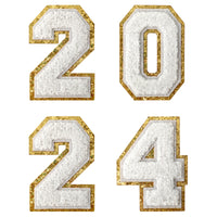 White 2024 Chenille Number, 3.14 inch Iron on Number Patches, Chenille Stitch Numbers 2024 Patches for Clothing