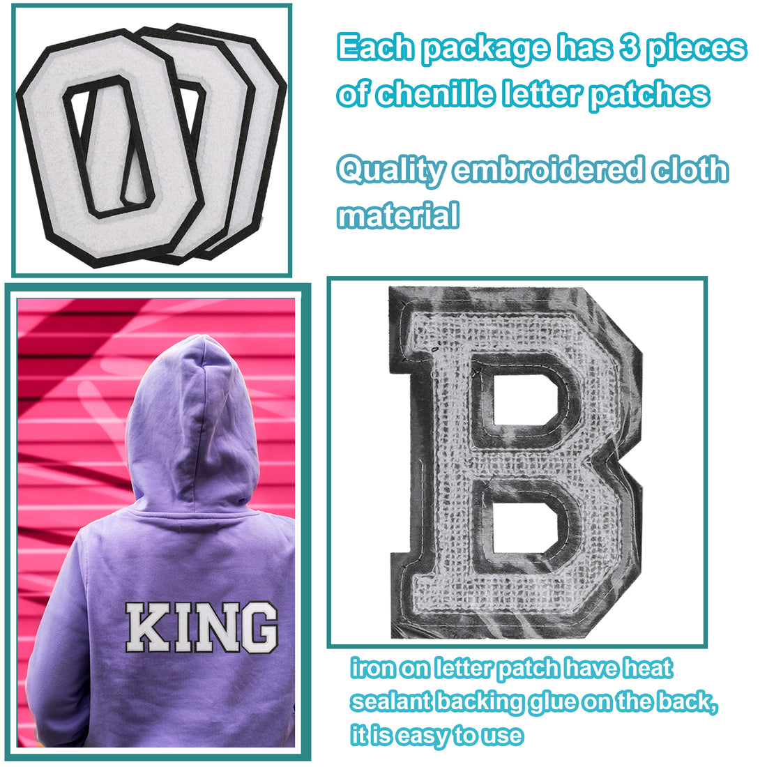 3PCS White/Black Chenille Letter, 4.5" Iron on Letters Patches, Chenille Stitch Varsity Letter A to Z Patches for Clothing