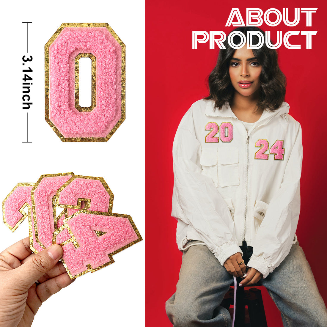 Pink 2024 Chenille Number, 3.14 inch Iron on Number Patches, Chenille Stitch Numbers 2024 Patches for Clothing