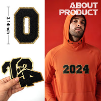 2024 Black Chenille Number, 3.14 inch Iron on Number Patches, Chenille Stitch Numbers 2024 Patches for Clothing