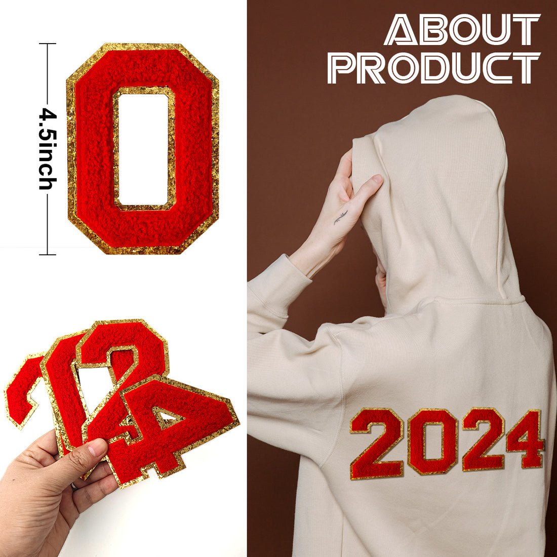 2024 Red Chenille Number, 4.5" Iron on Number Patches, Chenille Stitch Numbers 2024 Patches for Clothing