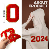 2024 Red Chenille Number, 4.5" Iron on Number Patches, Chenille Stitch Numbers 2024 Patches for Clothing