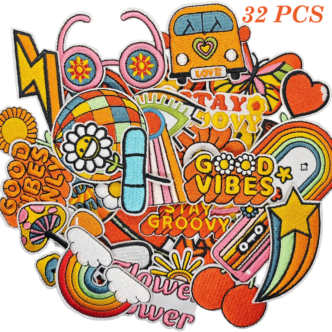 32Pcs Stay Groovy Retro Hippie Iron on Embroidered Patches Sew on Applique for Clothes, Iron-on Patches / Sew-on Appliques Patches for Clothing, Jackets, Backpacks, Caps, Jeans