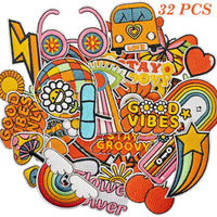 32Pcs Stay Groovy Retro Hippie Iron on Embroidered Patches Sew on Applique for Clothes, Iron-on Patches / Sew-on Appliques Patches for Clothing, Jackets, Backpacks, Caps, Jeans