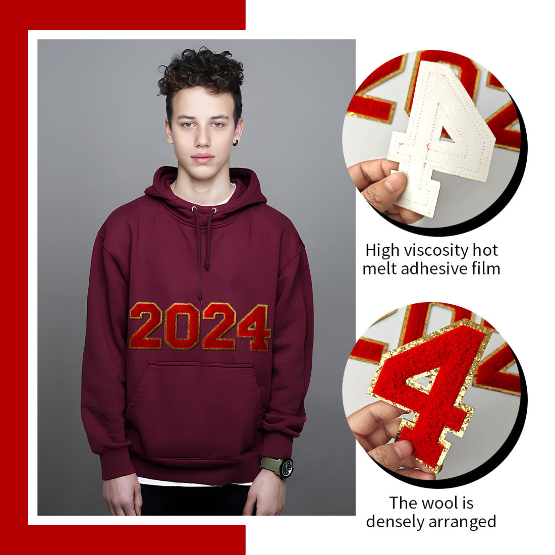 2024 Red Chenille Number, 4.5" Iron on Number Patches, Chenille Stitch Numbers 2024 Patches for Clothing