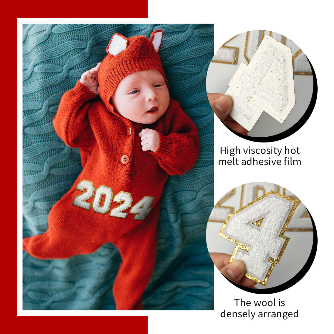 White 2024 Chenille Number, 3.14 inch Iron on Number Patches, Chenille Stitch Numbers 2024 Patches for Clothing