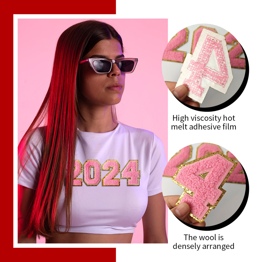 Pink 2024 Chenille Number, 3.14 inch Iron on Number Patches, Chenille Stitch Numbers 2024 Patches for Clothing
