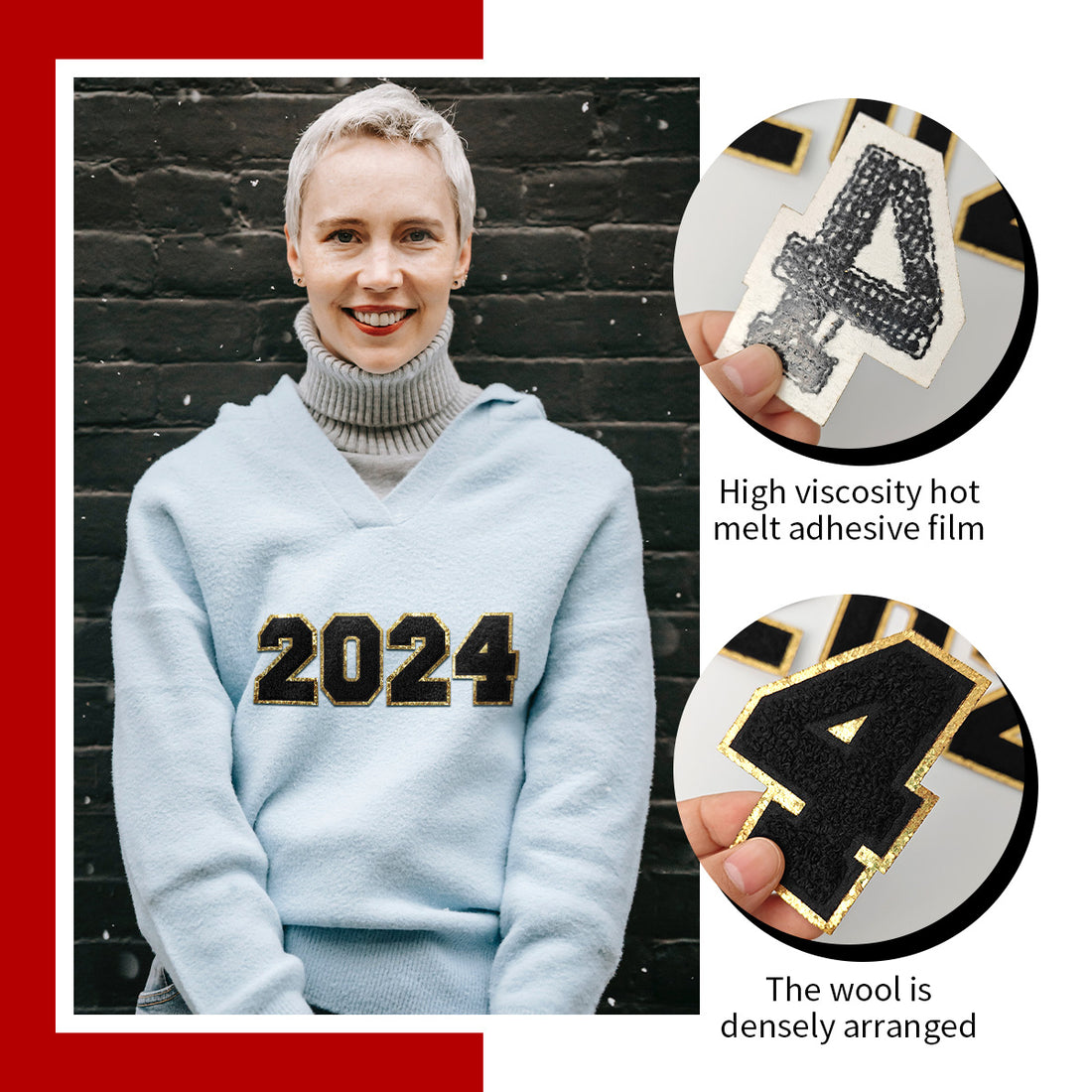 2024 Black Chenille Number, 3.14 inch Iron on Number Patches, Chenille Stitch Numbers 2024 Patches for Clothing