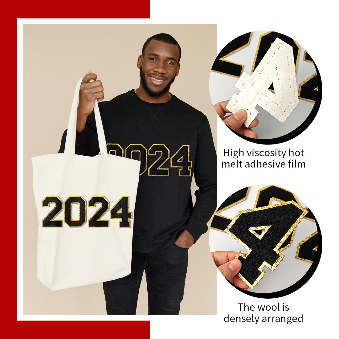 2024 Black Chenille Number, 4.5" Iron on Number Patches, Chenille Stitch Numbers 2024 Patches for Clothing