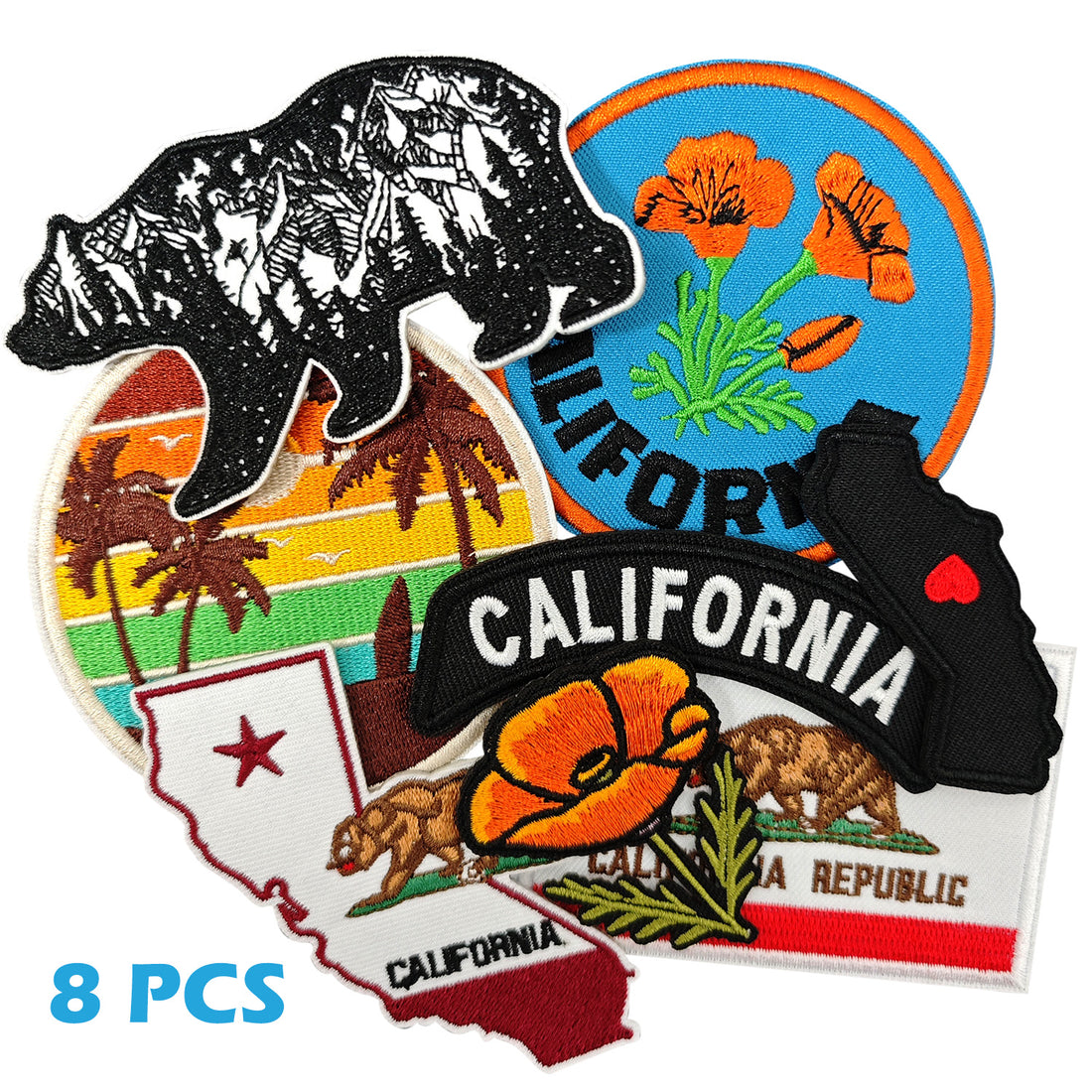 8Pcs California Patches Embroidered Iron on Patch for Clothes, Iron-on Patches / Sew-on Appliques Patches for Clothing, Jackets, Backpacks, Caps, Jeans