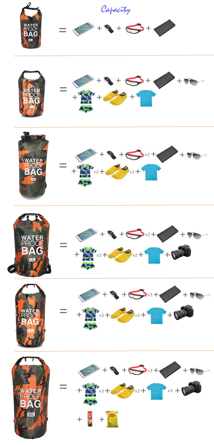 Camouflage 2L, 5L,10L, 15L, 20L, 30L Waterproof Dry Bag, Floating Storage Bag Dry Sack