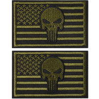 2 Pieces Dead Skull USA American Flag Tactical Morale Hook & Loop Patch, OD