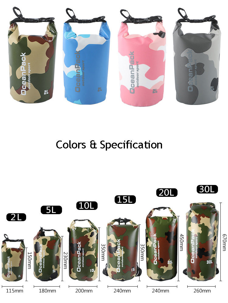 Camouflage 5L, 10L, 15L, 20L, 30L Waterproof Dry Bag, PVC Floating Storage Bag Dry Sack