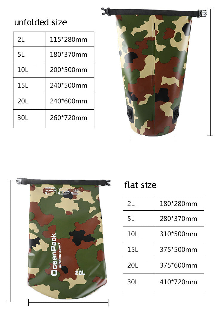 Camouflage 5L, 10L, 15L, 20L, 30L Waterproof Dry Bag, PVC Floating Storage Bag Dry Sack