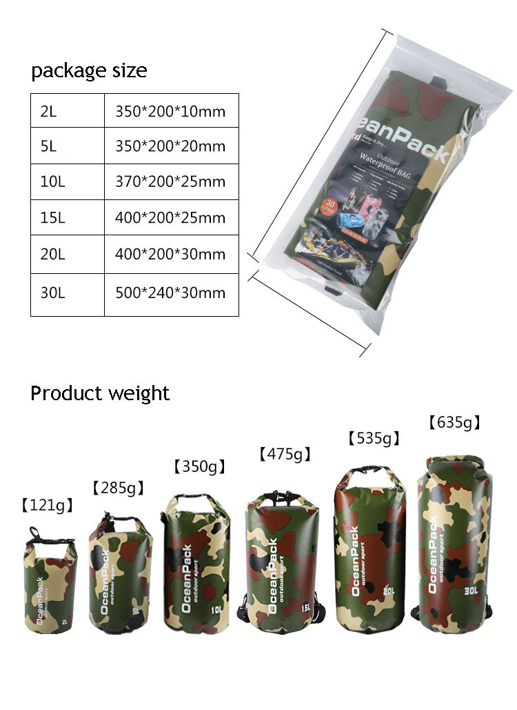 Camouflage 5L, 10L, 15L, 20L, 30L Waterproof Dry Bag, PVC Floating Storage Bag Dry Sack