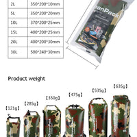 Camouflage 5L, 10L, 15L, 20L, 30L Waterproof Dry Bag, PVC Floating Storage Bag Dry Sack