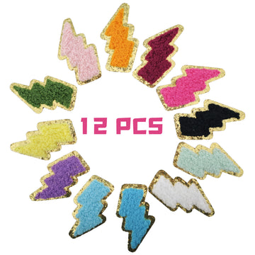 12PCS Different Lightning Chenille Patches, Colorful Chenille Patches, Bright Vivid Colors, Sew on/Iron on Glitter Patch Applique for Clothes, Dress, Hat, Jeans, DIY Accessories