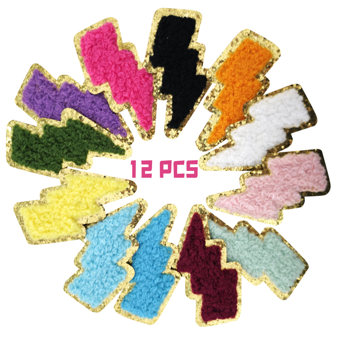 12PCS Different Lightning Chenille Patches, Colorful Chenille Patches, Bright Vivid Colors, Sew on/Iron on Glitter Patch Applique for Clothes, Dress, Hat, Jeans, DIY Accessories
