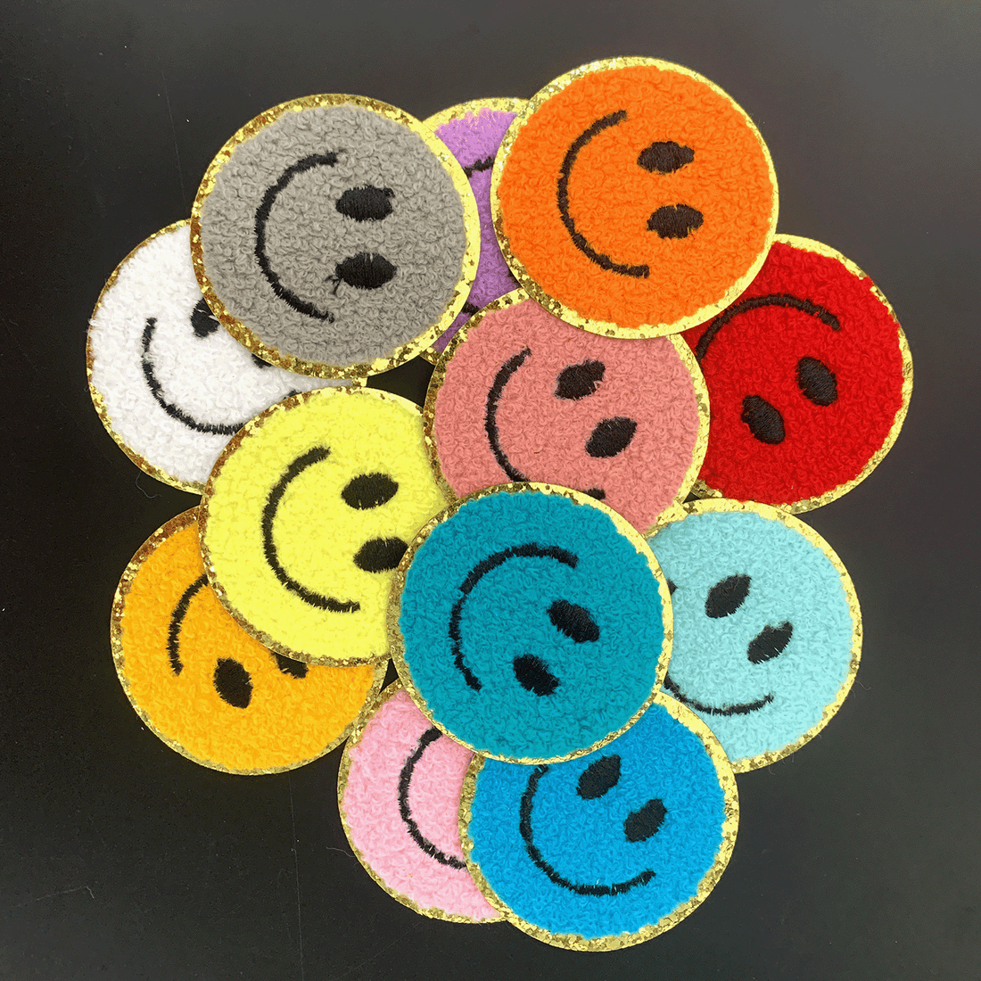 12PCS Different Color Smiling Chenille Patches, Colorful Circle Chenille Patches, Bright Vivid Colors, Sew on/Iron on Glitter Patch Applique for Clothes, Dress, Hat, Jeans, DIY Accessories