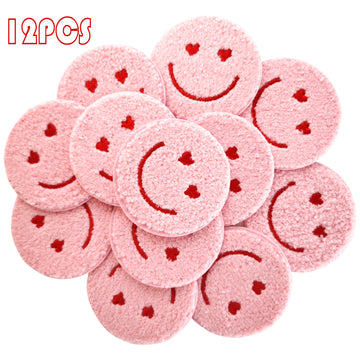 12PCS Pink Smiling Chenille Patches, Flower Chenille Patches, Bright Vivid Colors, Sew on/Iron on Glitter Patch Applique for Clothes, Dress, Hat, Jeans, DIY Accessories