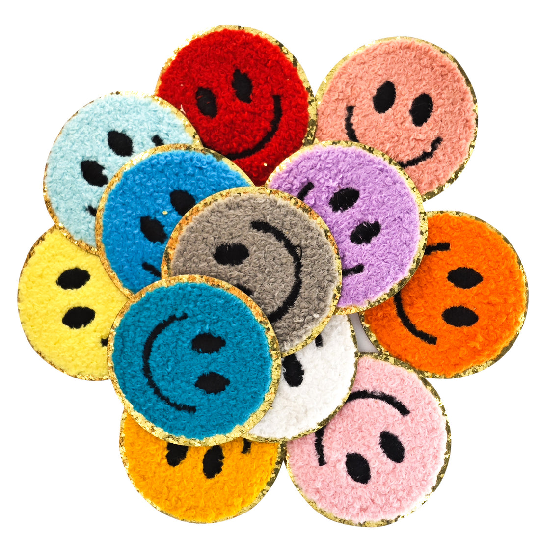 12PCS Different Color Smiling Chenille Patches, Colorful Circle Chenille Patches, Bright Vivid Colors, Sew on/Iron on Glitter Patch Applique for Clothes, Dress, Hat, Jeans, DIY Accessories