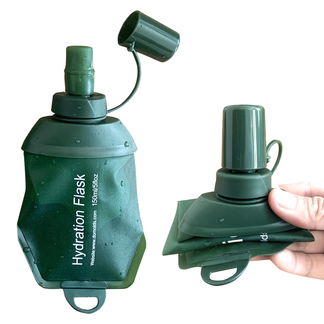 150ML Army Green Recycable, food-graded, safety collapsible soft flask hydration bottle FDA approved leakproof soft flask for running, hiking, camping, travelling etc
