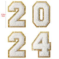 White 2024 Chenille Number, 3.14 inch Iron on Number Patches, Chenille Stitch Numbers 2024 Patches for Clothing