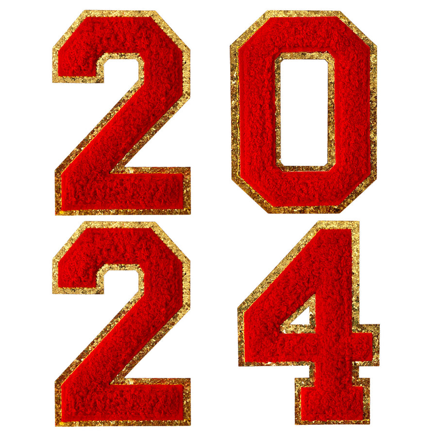2024 Red Chenille Number, 4.5" Iron on Number Patches, Chenille Stitch Numbers 2024 Patches for Clothing
