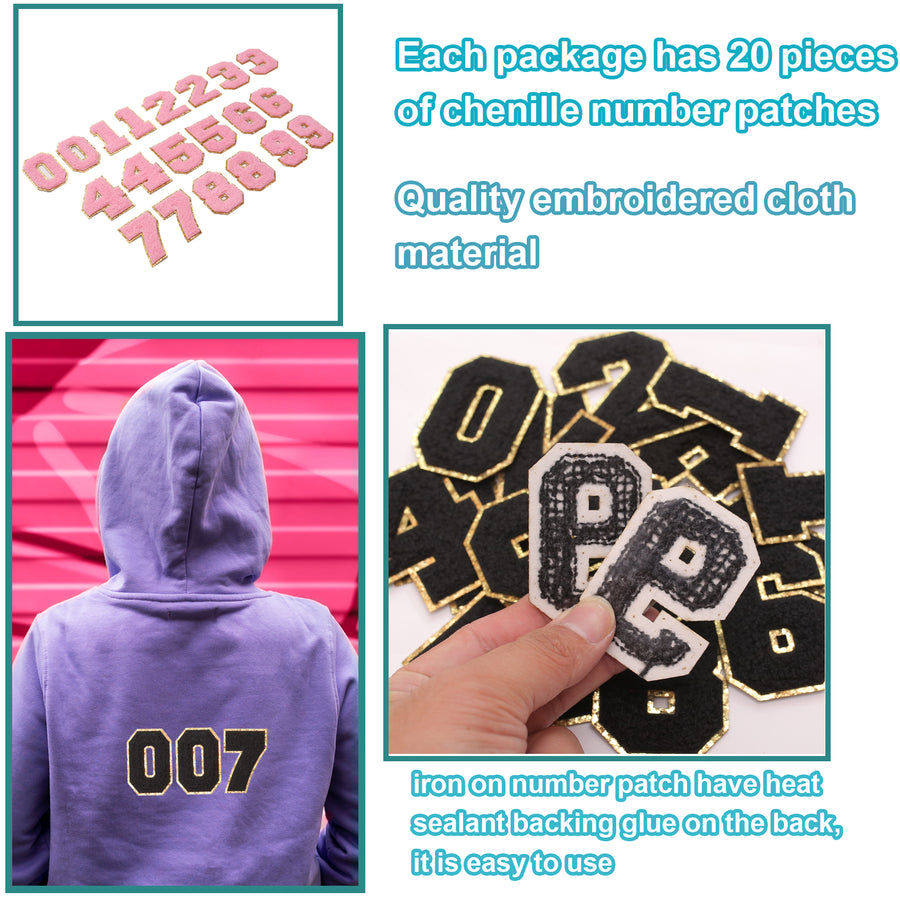 20PCS Pink Iron-on Chenille Number Patches for Clothing, Jackets, Backpacks - Numbers 0 to 9 Applique Iron on Repair Patches