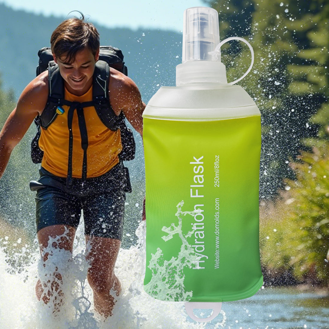 250ml Green Gradient Recycable, food-graded, safety collapsible soft flask hydration bottle FDA approved leakproof flask