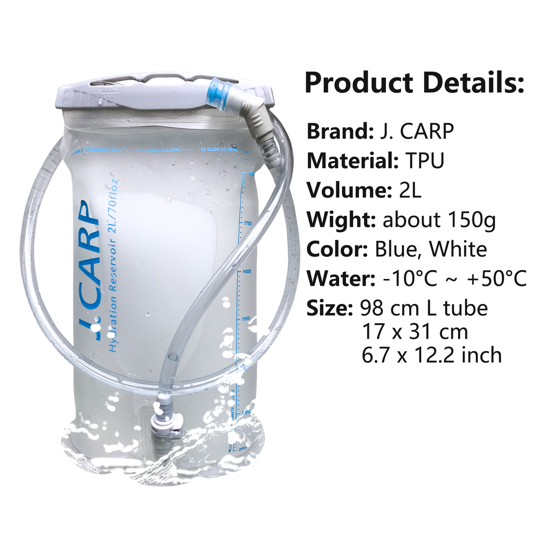 White Water Bladder Hydration Backpack 2L Large Capacity TPU Water Bags Reservoir For Running Cycling Hydration Water Storage Bag