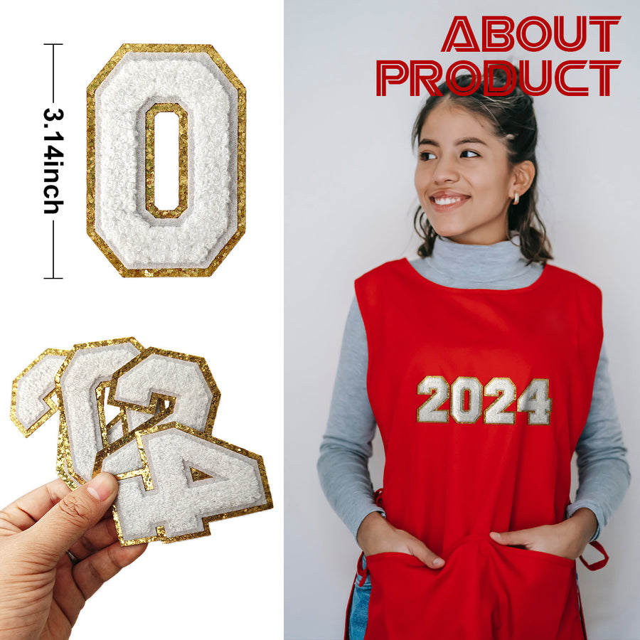 White 2024 Chenille Number, 3.14 inch Iron on Number Patches, Chenille Stitch Numbers 2024 Patches for Clothing