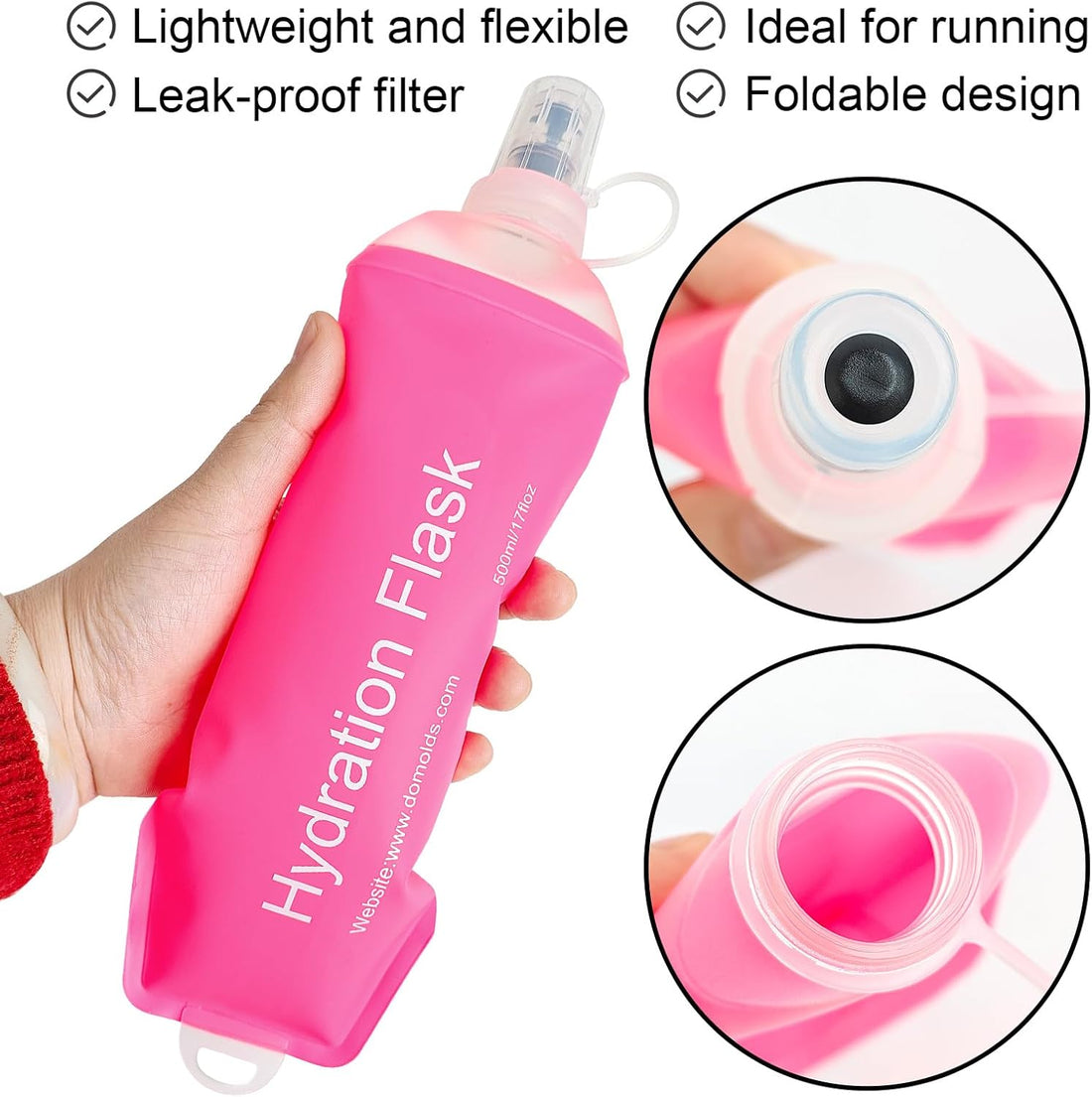 500ML Pink Soft TPU Flask Running Water Bottle Water Flask Hydration Flasks for Hiking Camping Running Travelling