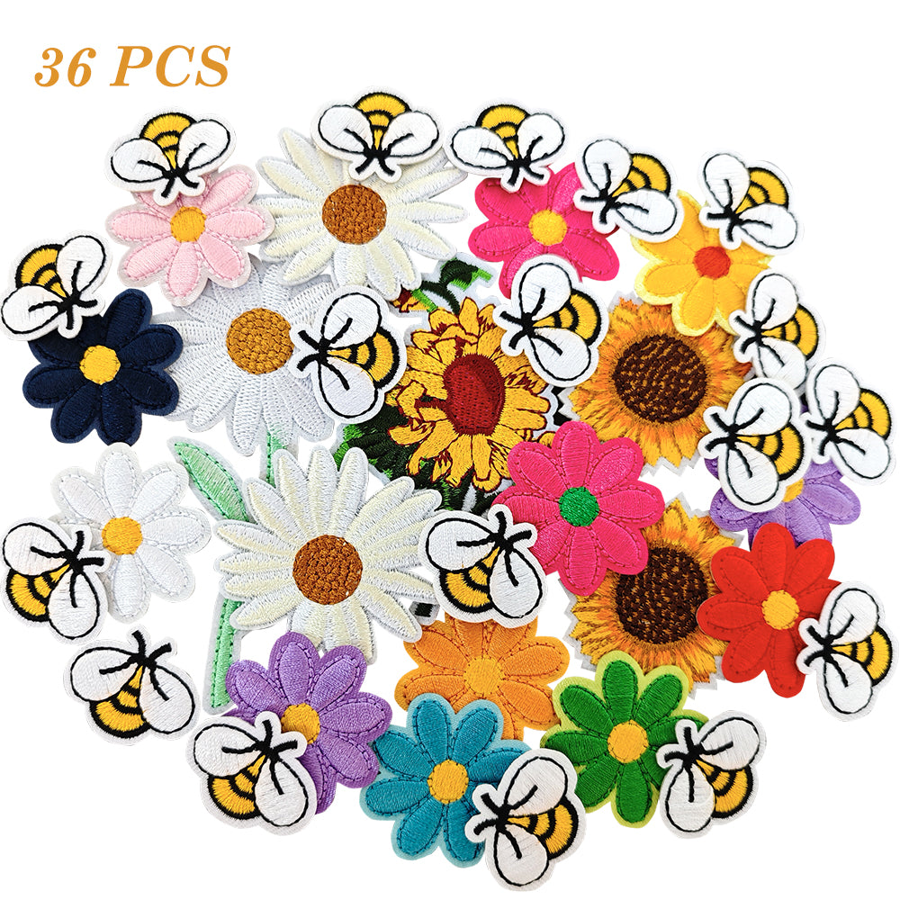 36Pcs Bee and Flowers Patches Embroidered Iron on Vivid Flowers Bright Color Patch for Clothes, Iron-on Patches / Sew-on Appliques Patches for Clothing, Jackets, Backpacks, Caps, Jeans