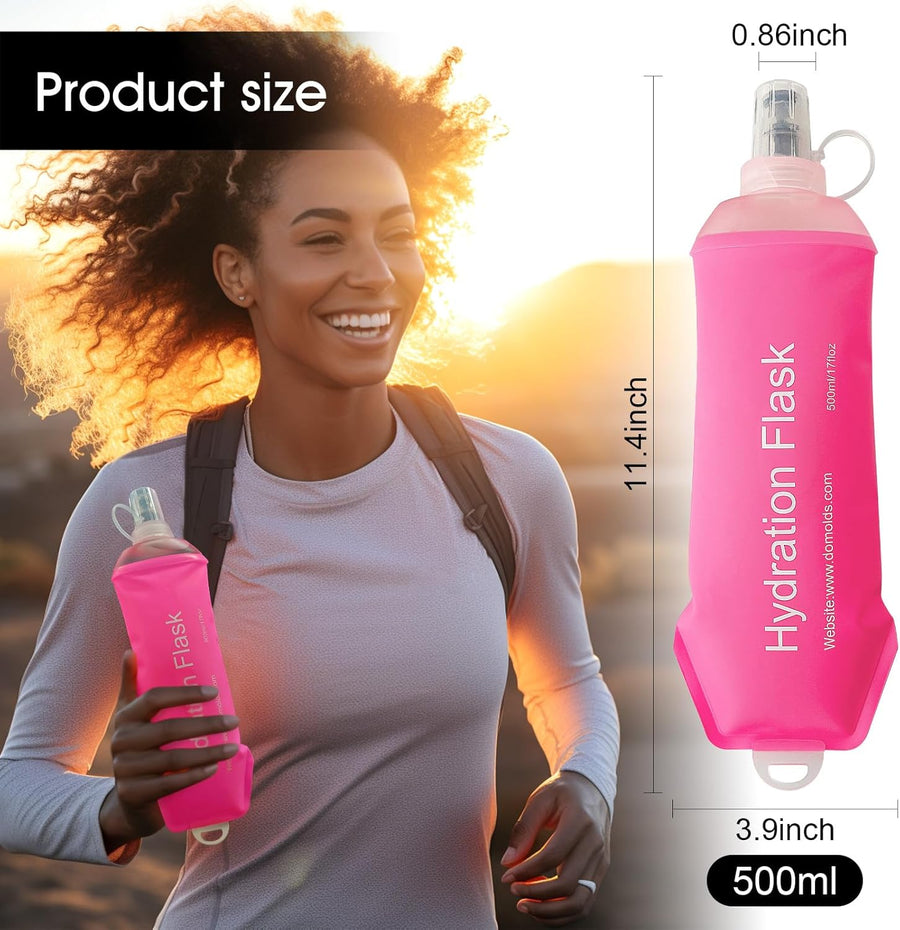 500ML Pink Soft TPU Flask Running Water Bottle Water Flask Hydration Flasks for Hiking Camping Running Travelling
