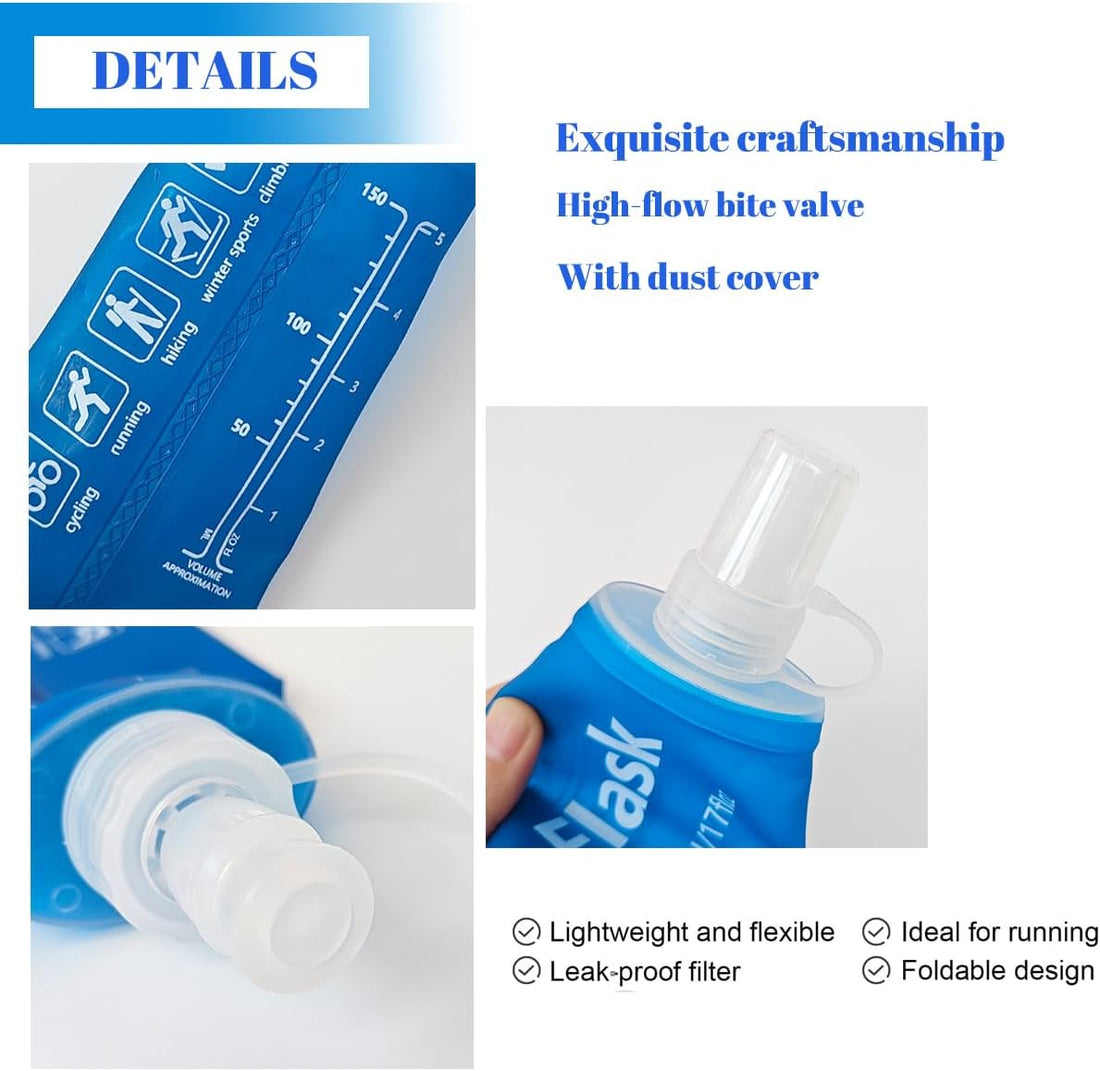 150ml 250ml 500ml Ocean Blue Recycable, food-graded, safety collapsible soft flask hydration bottle FDA approved leakproof flask for camping, running, hiking etc