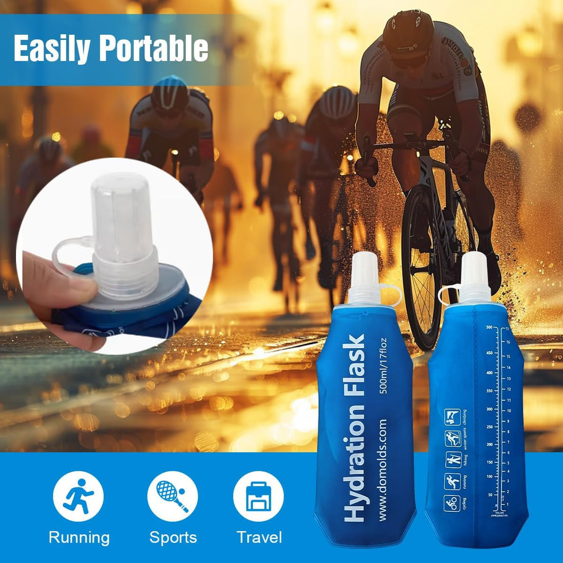 150ml 250ml 500ml Ocean Blue Recycable, food-graded, safety collapsible soft flask hydration bottle FDA approved leakproof flask for camping, running, hiking etc