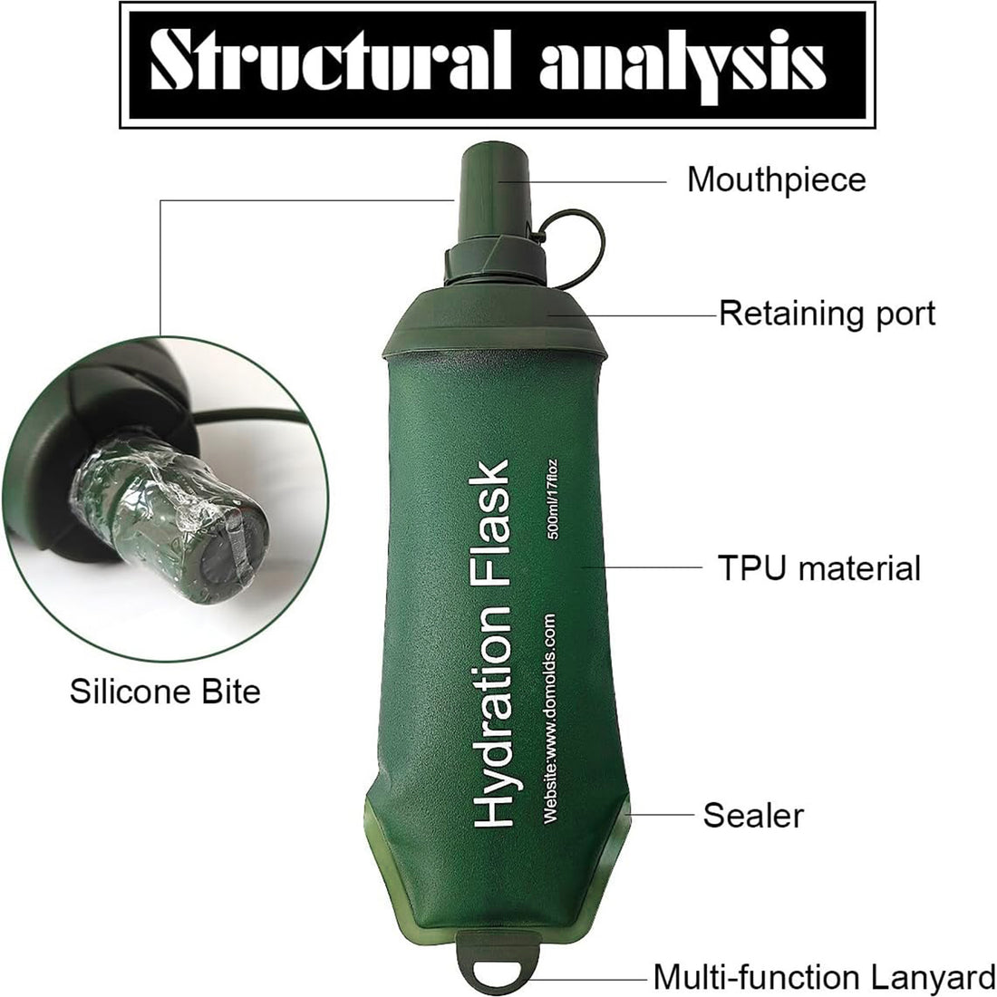 500ml Army Green Recycable, food-graded, safety collapsible soft flask hydration bottle FDA approved leakproof flask for camping, running, hiking etc