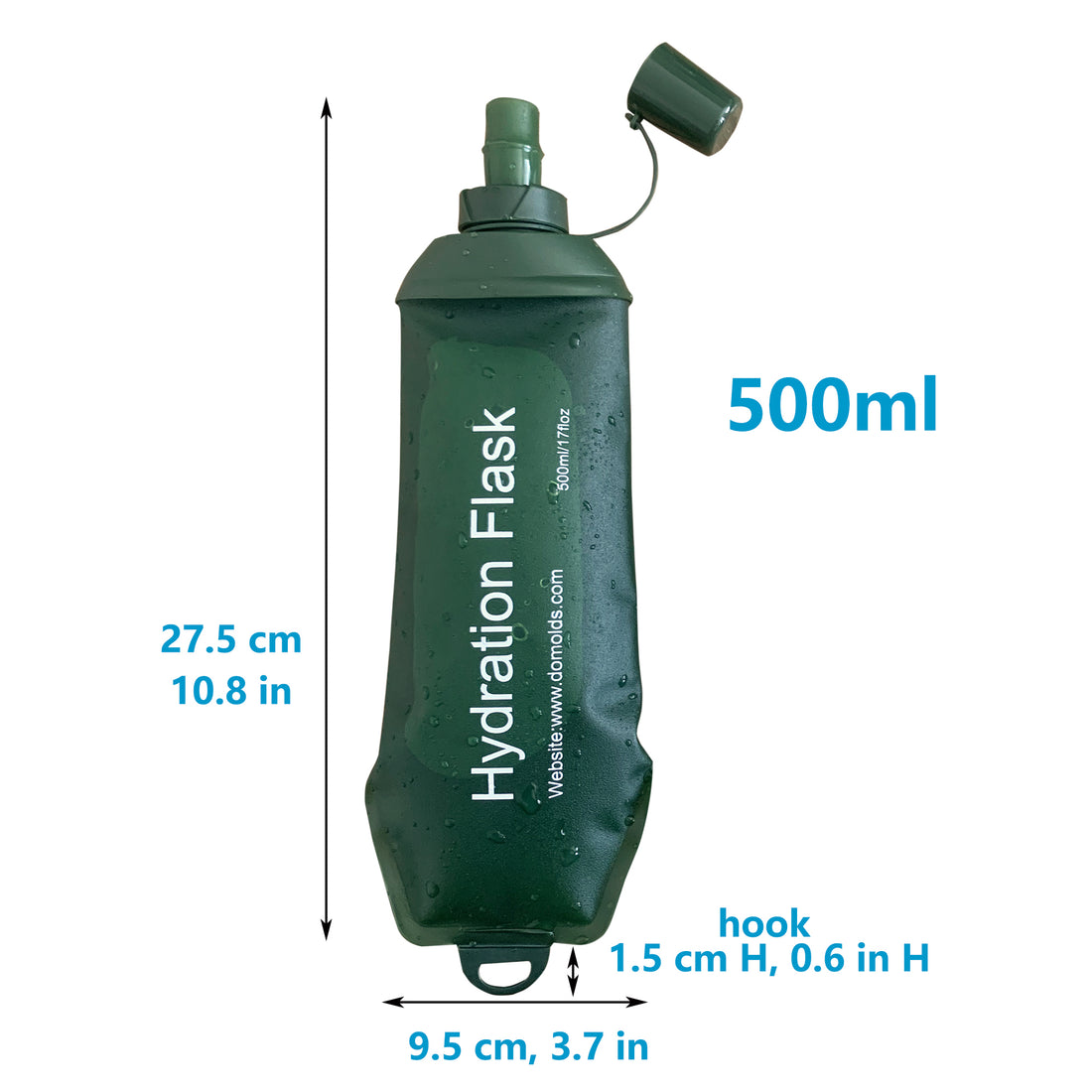 500ml Army Green Recycable, food-graded, safety collapsible soft flask hydration bottle FDA approved leakproof flask for camping, running, hiking etc