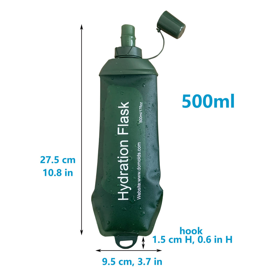 500ml Army Green Recycable, food-graded, safety collapsible soft flask hydration bottle FDA approved leakproof flask for camping, running, hiking etc