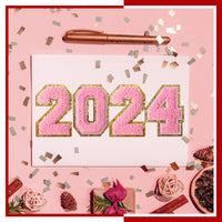 Pink 2024 Chenille Number, 3.14 inch Iron on Number Patches, Chenille Stitch Numbers 2024 Patches for Clothing