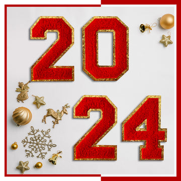 2024 Red Chenille Number, 4.5" Iron on Number Patches, Chenille Stitch Numbers 2024 Patches for Clothing