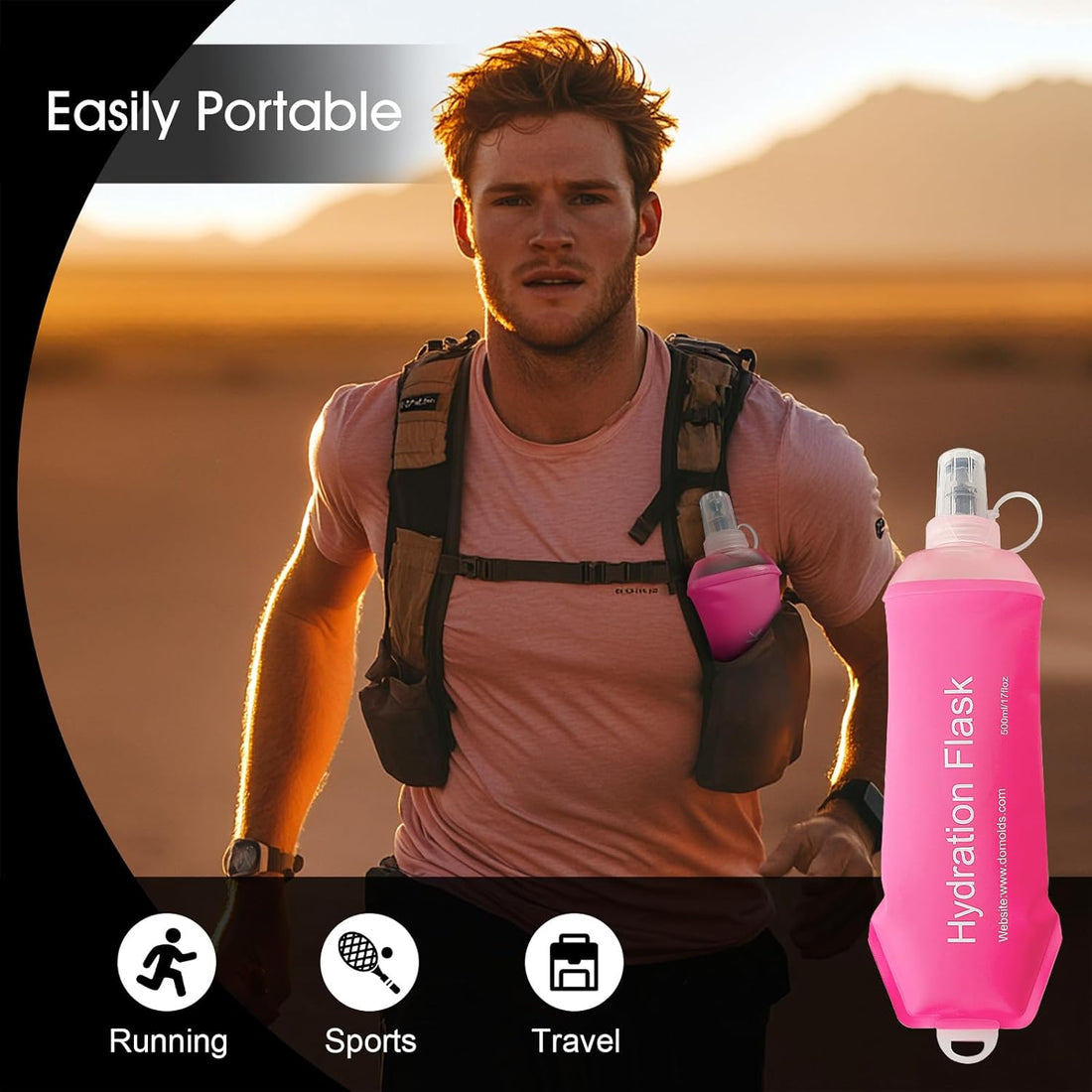 500ML Pink Soft TPU Flask Running Water Bottle Water Flask Hydration Flasks for Hiking Camping Running Travelling