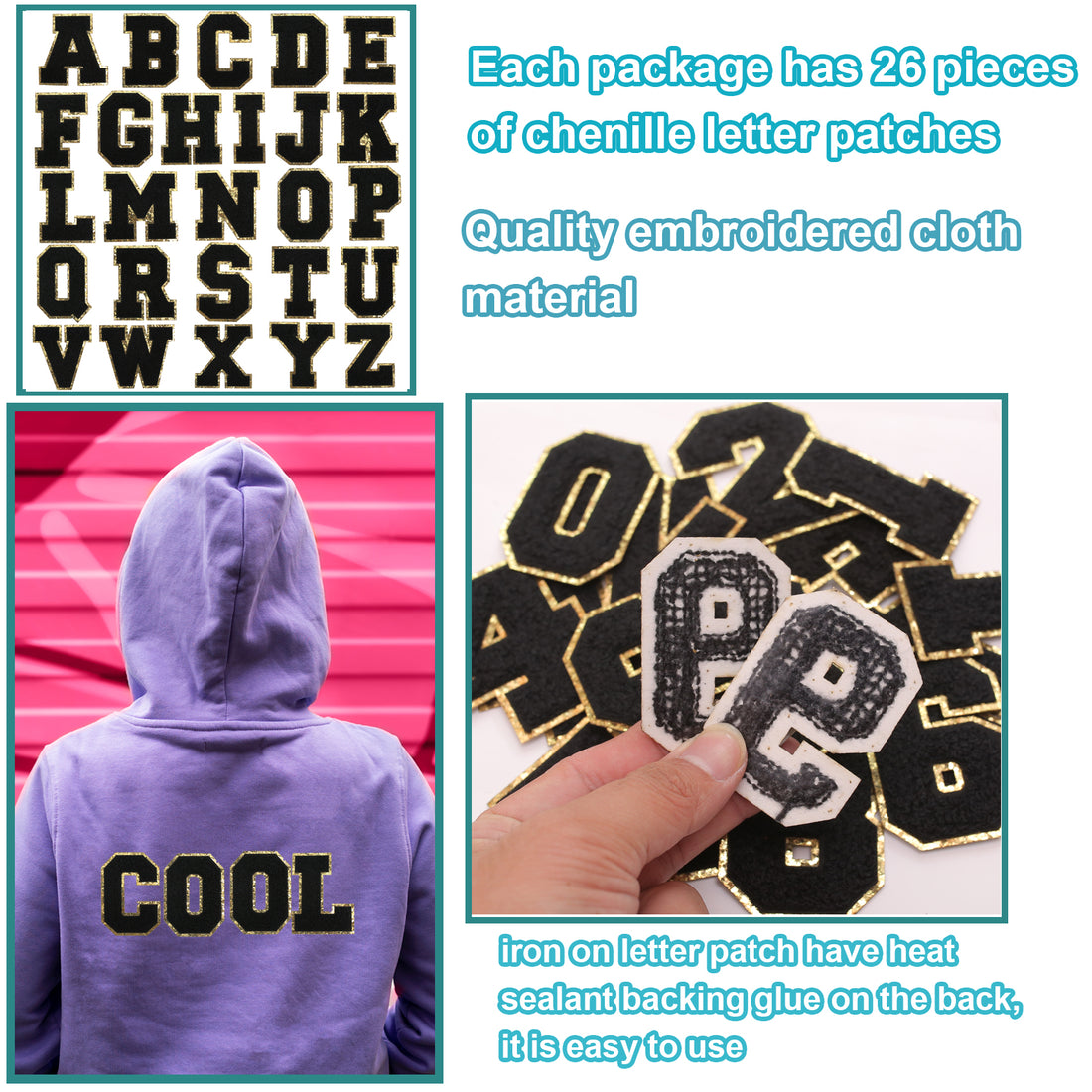 26PCS Black Iron-on Chenille Letter Patches for Clothing, Jackets, Backpacks - Alphabet Applique Iron on Repair Patches