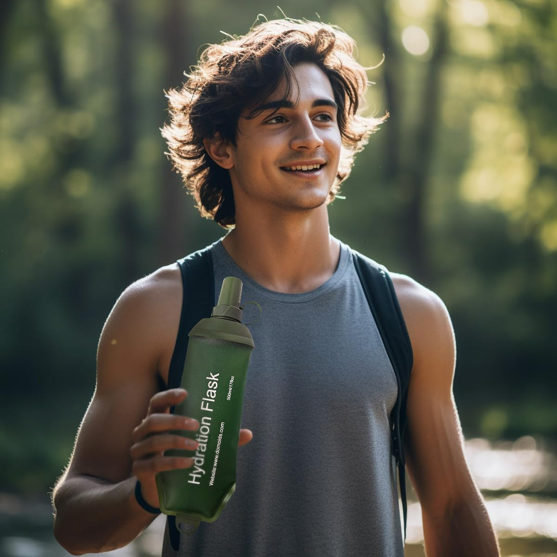 500ml Army Green Recycable, food-graded, safety collapsible soft flask hydration bottle FDA approved leakproof flask for camping, running, hiking etc