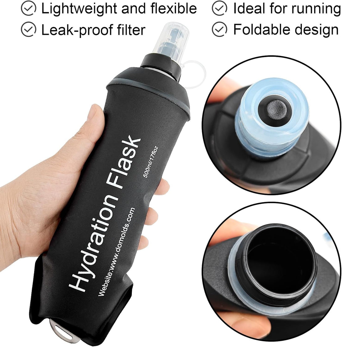 150ml 250ml 500ml Black Recycable, food-graded, safety collapsible soft flask Collapsible Water Bottle Foldable Water Bottle Soft Flask 500ml for Running, Cycling, Camping, Hiking