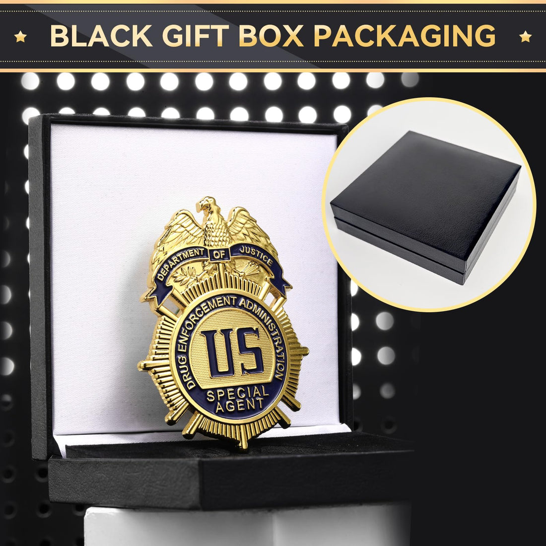 Agent Badge for Dressing up and Cosplay, Enameled & Plated, Catch Design, Nickel-Brass Opulent Shield Badge，Gift Box Packaging