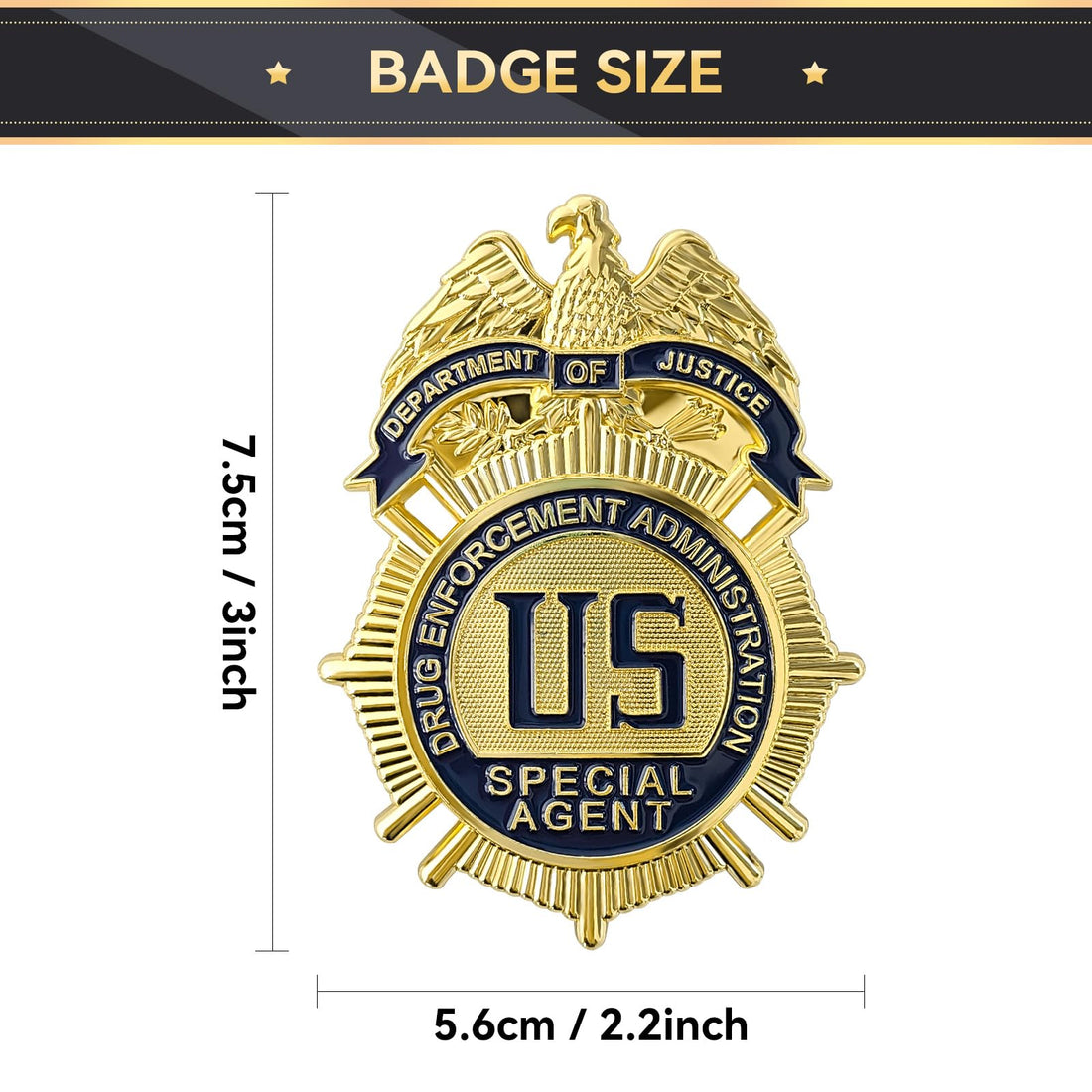 Agent Badge for Dressing up and Cosplay, Enameled & Plated, Catch Design, Nickel-Brass Opulent Shield Badge，Gift Box Packaging